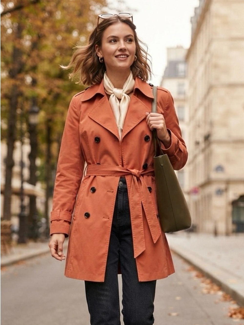Via Spiga Rust Pumpkin Orange Trench Coat Jacket Tortoise Shell Buttons Classic